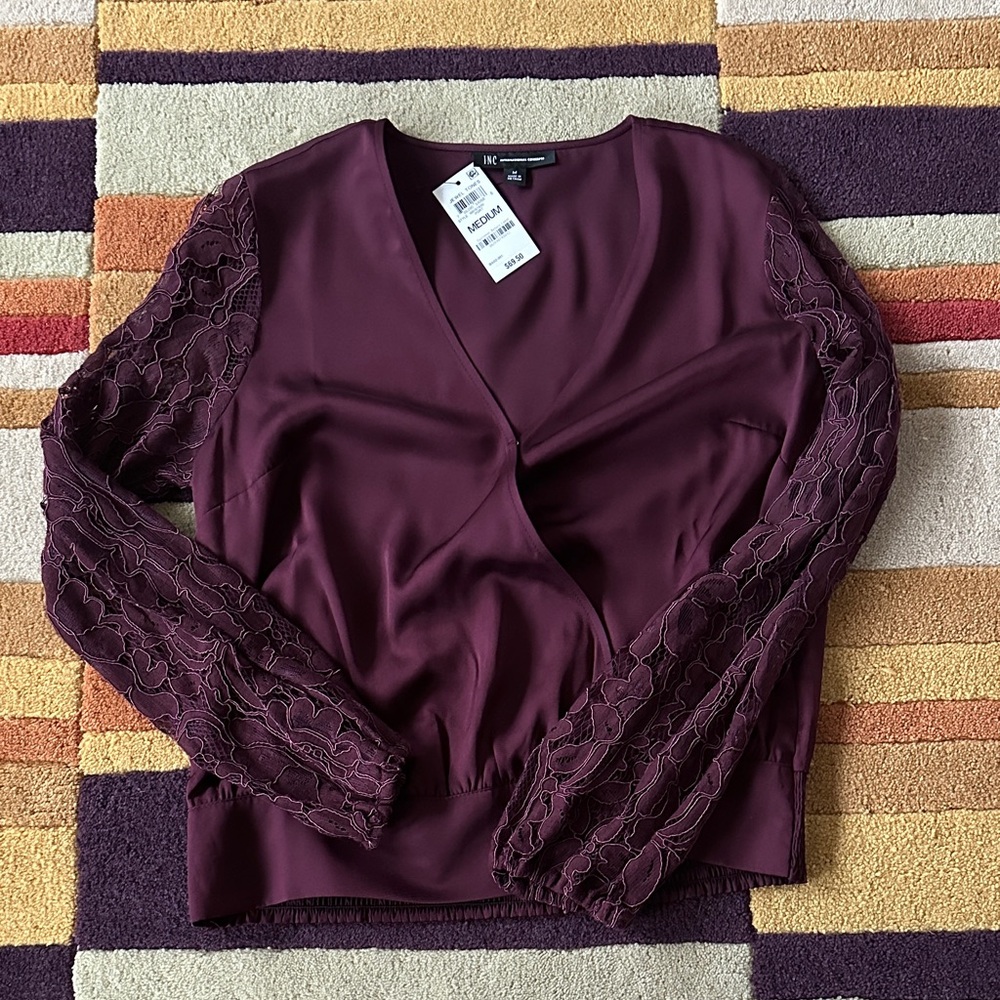 INC Deep Burgundy Lace Sleeve Blouse